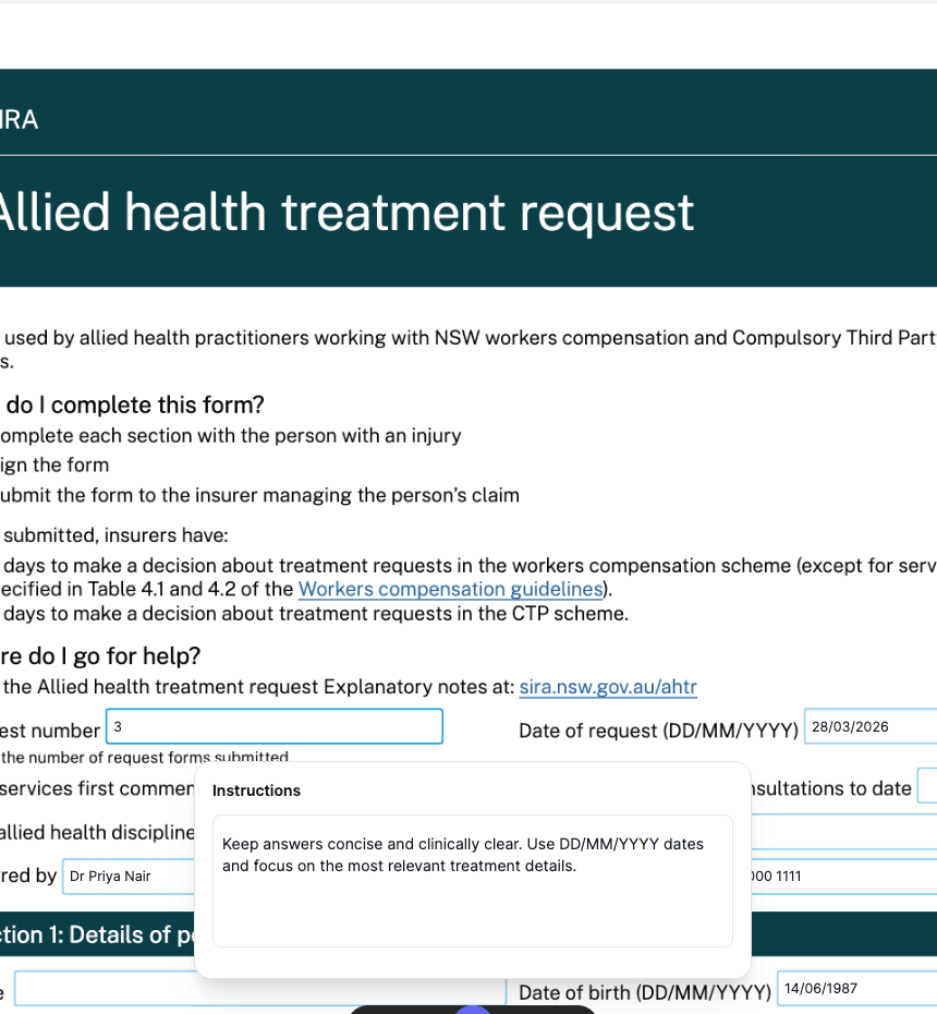 PDF form with instructions panel open