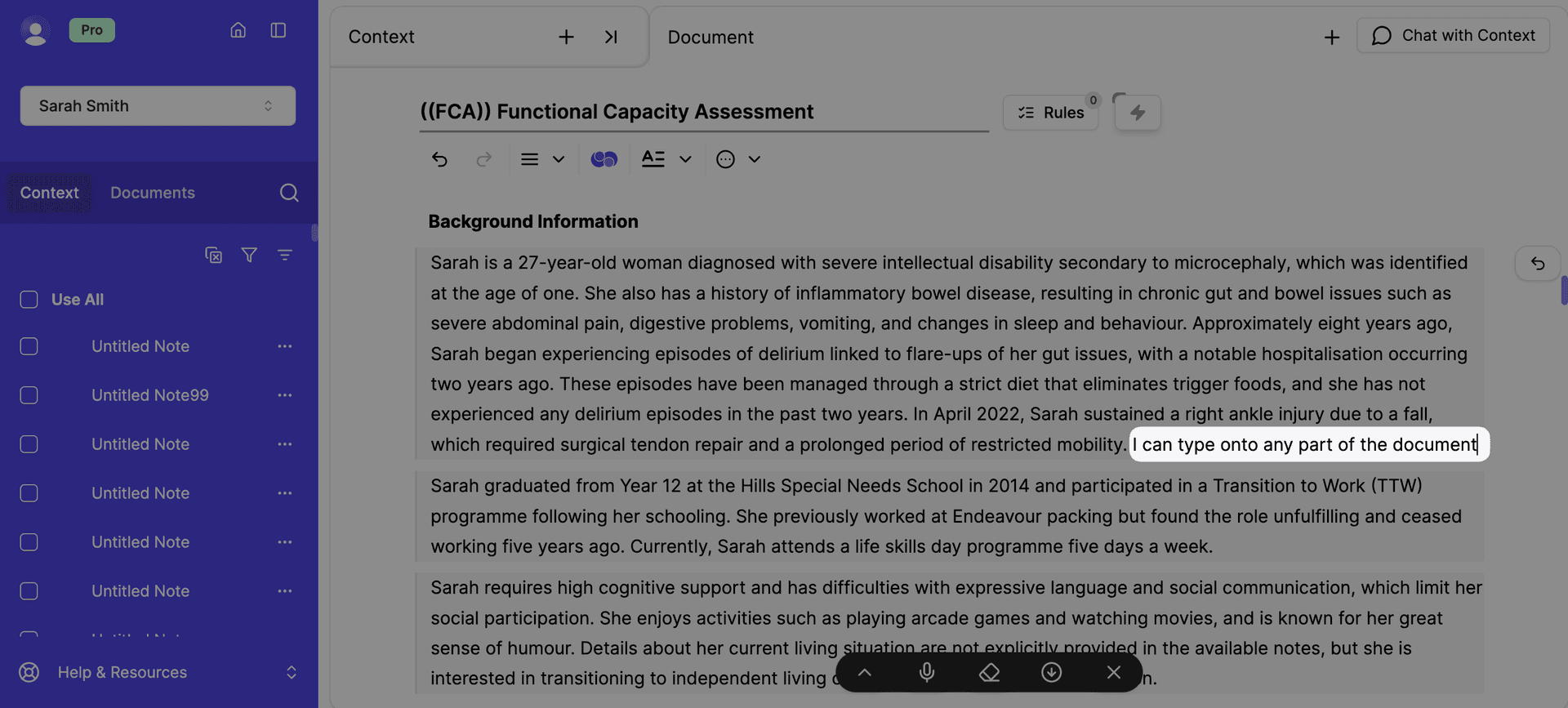typing directly into the document
